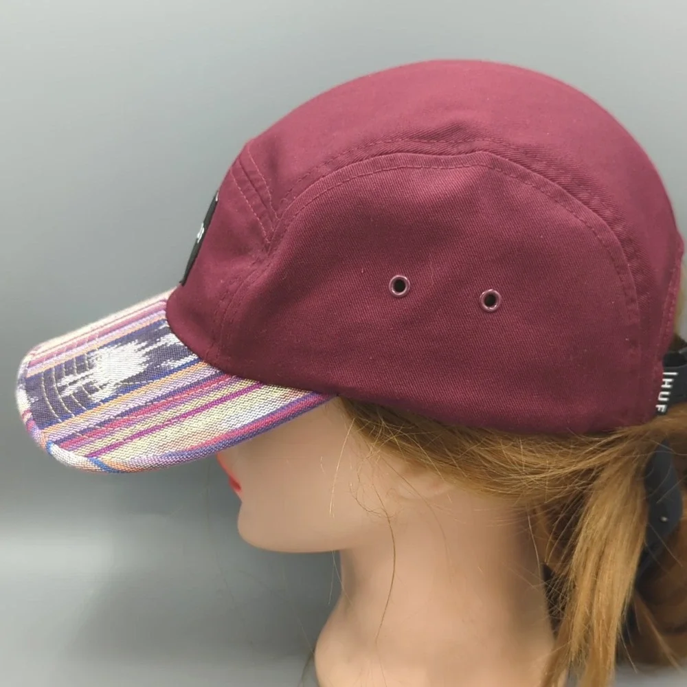 HUF 5 Panel Hat Cap Burgundy Tribal Stripe Bill Strapback Made in USA